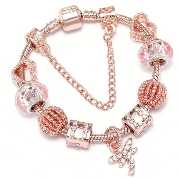 Bracelet breloque couleur or rose avec chaîne serpent et charm libellule