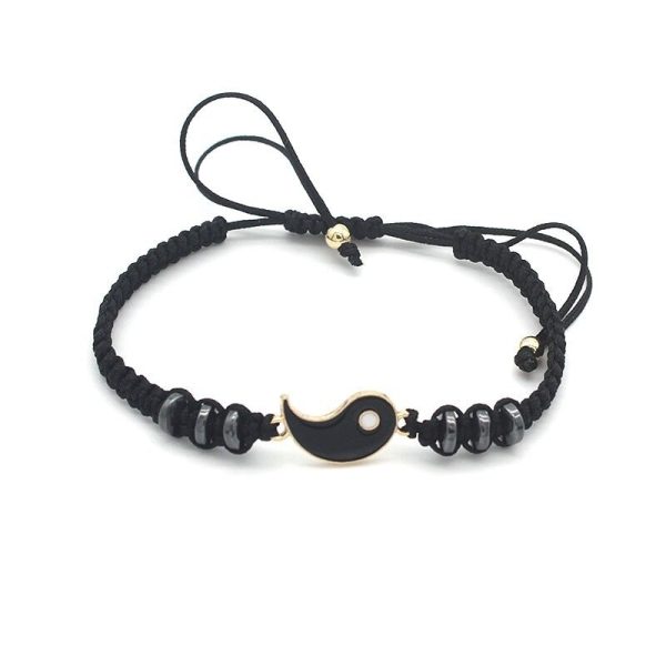 Bracelet amitié tressé Yin et Yang avec perles 1 paire noir et blanc