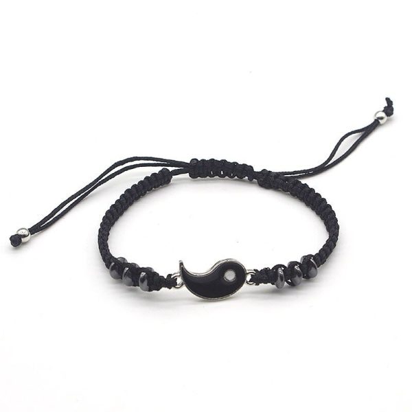 Bracelet amitié tressé Yin et Yang avec perles 1 paire noir et blanc