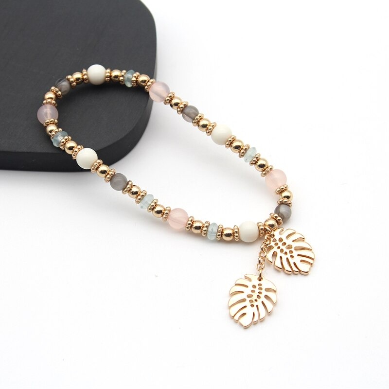 Bracelet élastique avec perles et motif feuille • Joli Bracelet
