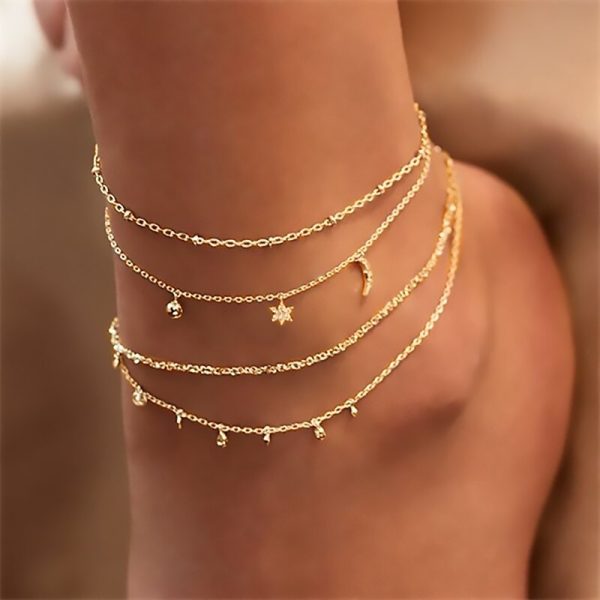 Bracelet cheville pour femme en chaîne multirangs couleur or et argent
