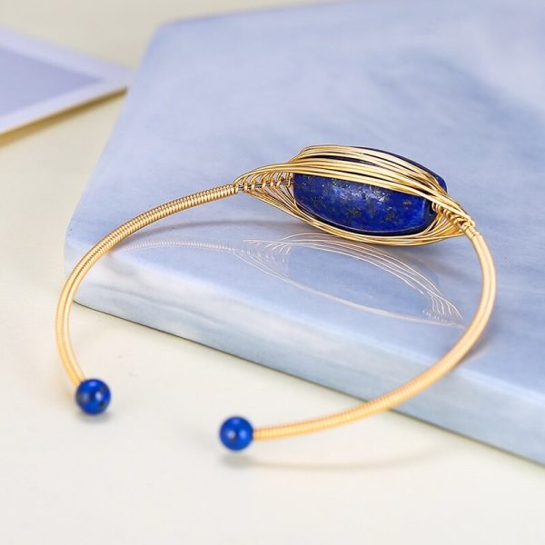 Bracelet jonc couleur or avec véritable Lapis Lazuli