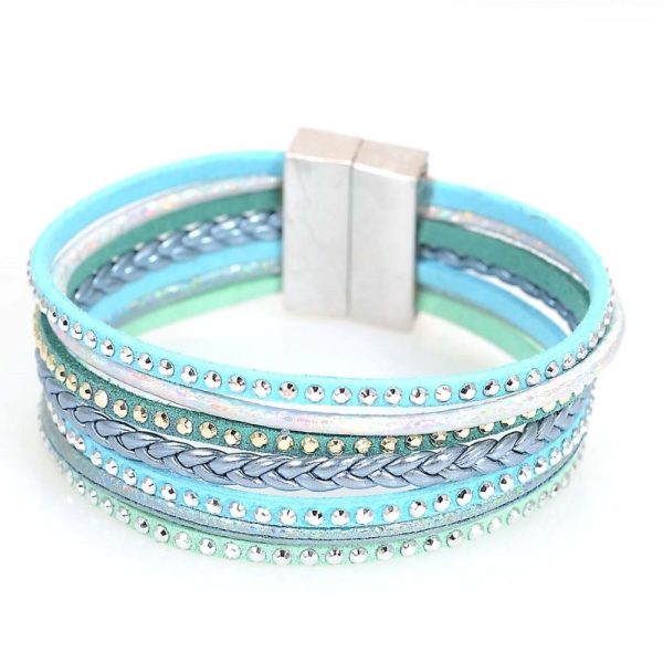 Bracelet indien en cuir multirangs avec strass et fermoir magnétique bleu