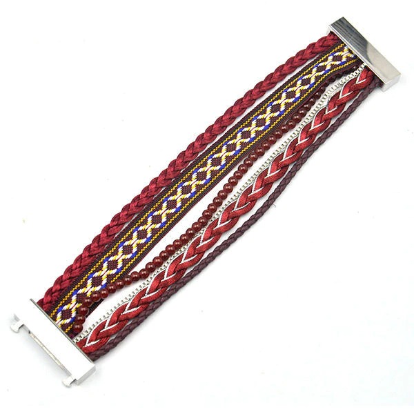 Bracelet indien multirangs avec perles et fermoir magnétique bordeaux