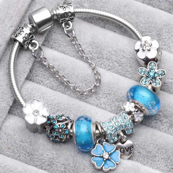 Bracelet breloque pour femme bleu avec fleurs