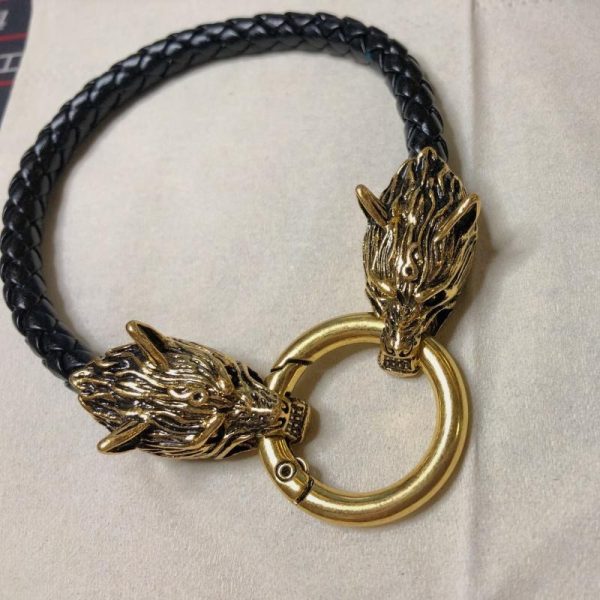 Bracelet viking en cuir tressé noir tête de loup or