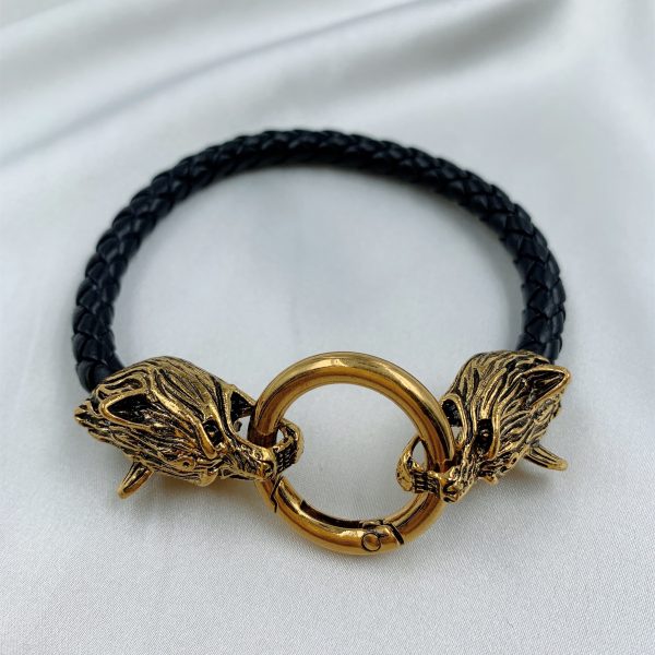 Bracelet viking en cuir tressé noir tête de loup or