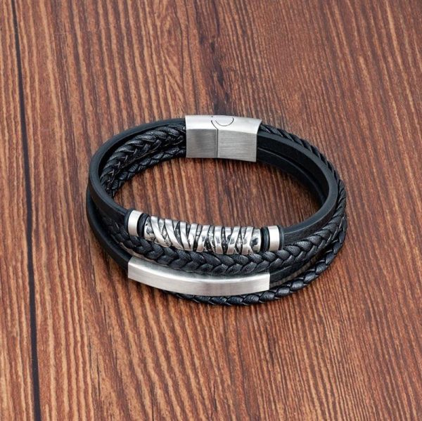 Bracelet viking argent et cuir noir tressé