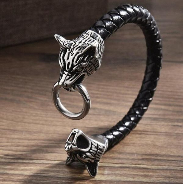 Bracelet viking en cuir tressé noir tête de loup argent