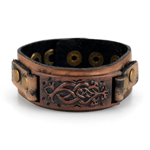 Bracelet viking en cuir couleur bronze avec boutons pressions