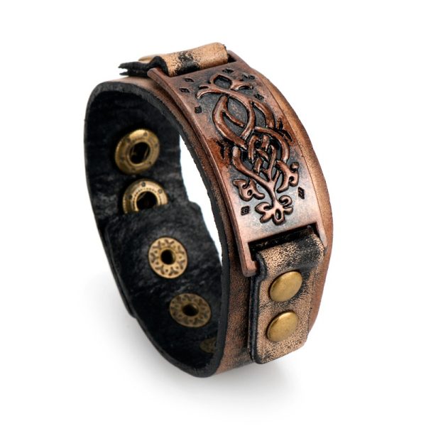 Bracelet viking en cuir couleur bronze avec boutons pressions
