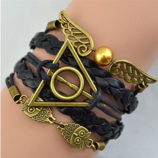 Bracelet Harry Potter reliques de la mort en cuir noir