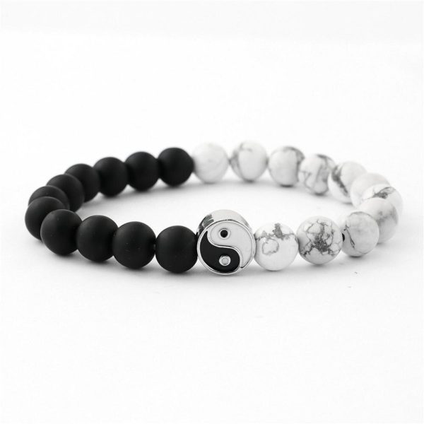 Bracelet Yin Yang élastique en perles noir et effet marbre