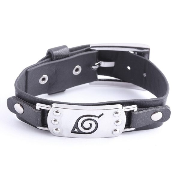 Bracelet Naruto en cuir noir réglable avec symbole de Konoha