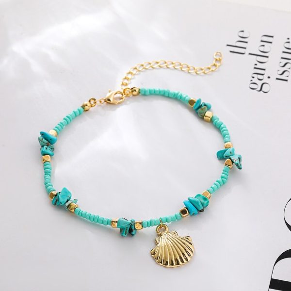 Bracelet cheville avec perles turquoises et breloque coquillage