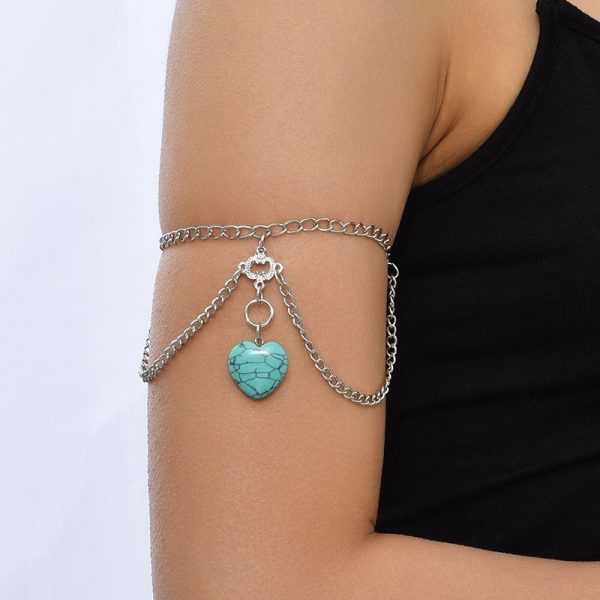 Bracelet bras avec chaînes argentés et perle coeur turquoise