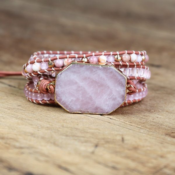 Bracelet quartz rose et cuir tressé