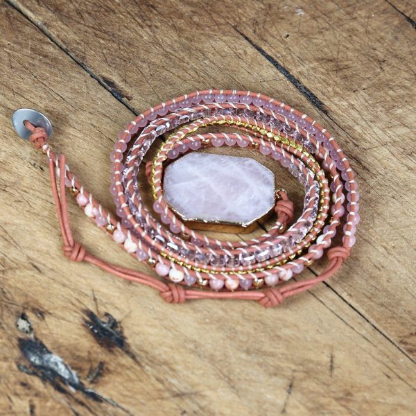 Bracelet quartz rose et cuir tressé
