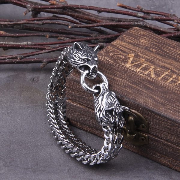 Bracelet viking têtes de loup en acier inoxydable argent