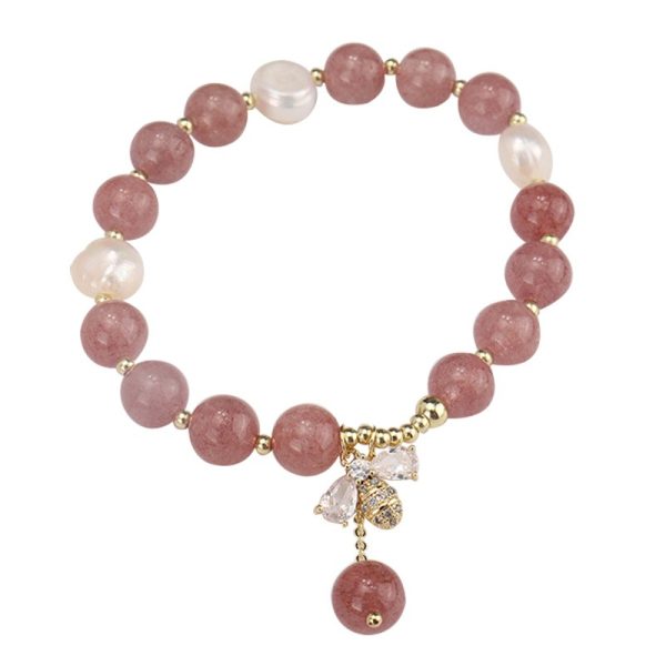 Bracelet quartz rose, perles d'eau douce et petite abeille