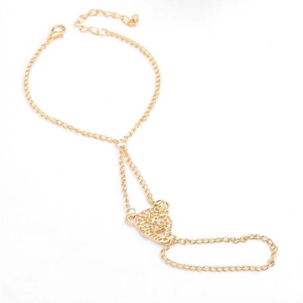 Bracelet chaîne avec bague et lien tête de léopard doré