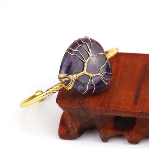 Bracelet arbre de vie en fil de cuivre pierres semi-précieuses en forme de coeur