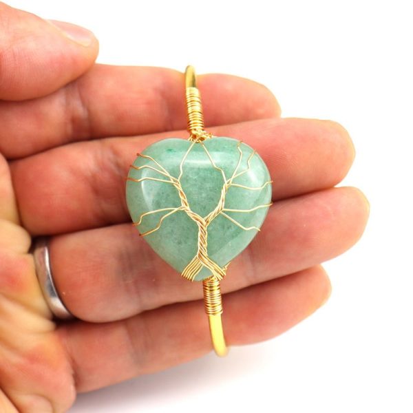 Bracelet arbre de vie en fil de cuivre pierres semi-précieuses en forme de coeur