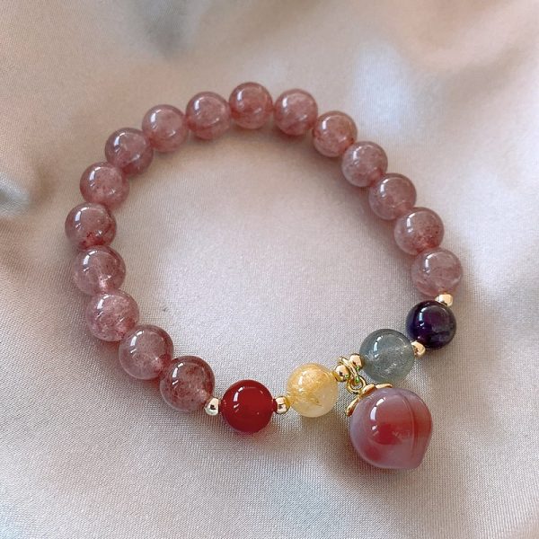 Bracelet quartz rose perles colorés pendentif pierre en forme de pêche