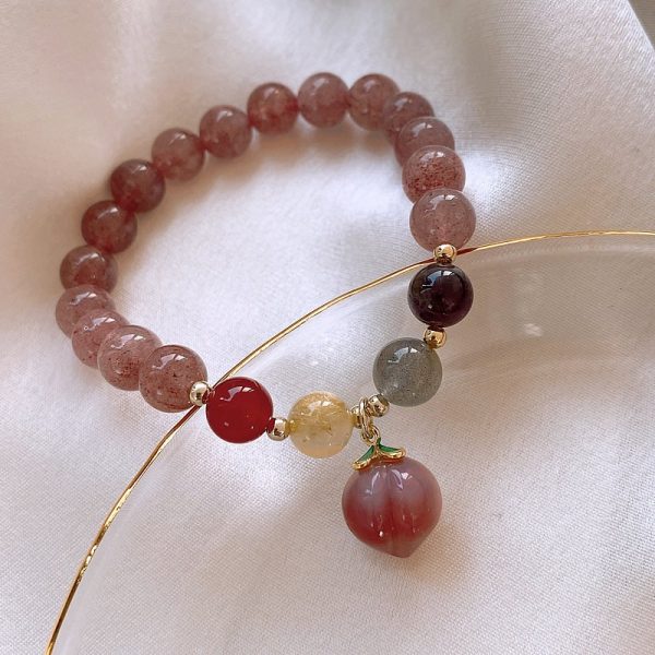 Bracelet quartz rose perles colorés pendentif pierre en forme de pêche