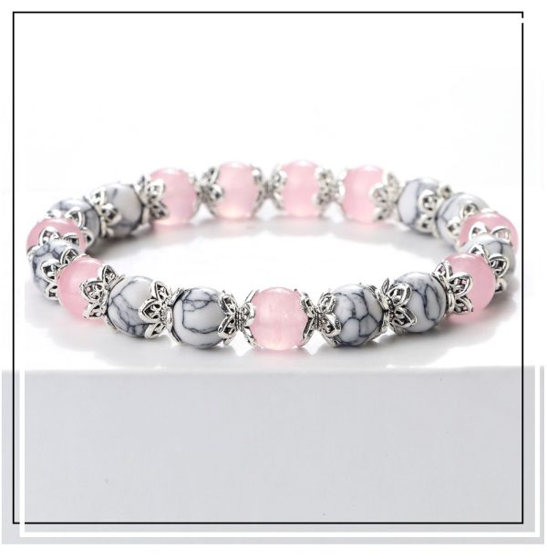 Bracelet quartz rose perles et pierres rondes naturelles blanches