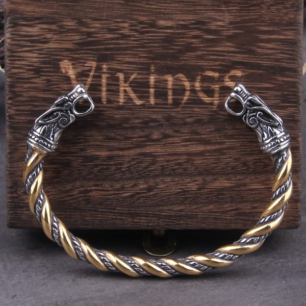 Bracelet viking têtes de dragon en acier inoxydable argent et or