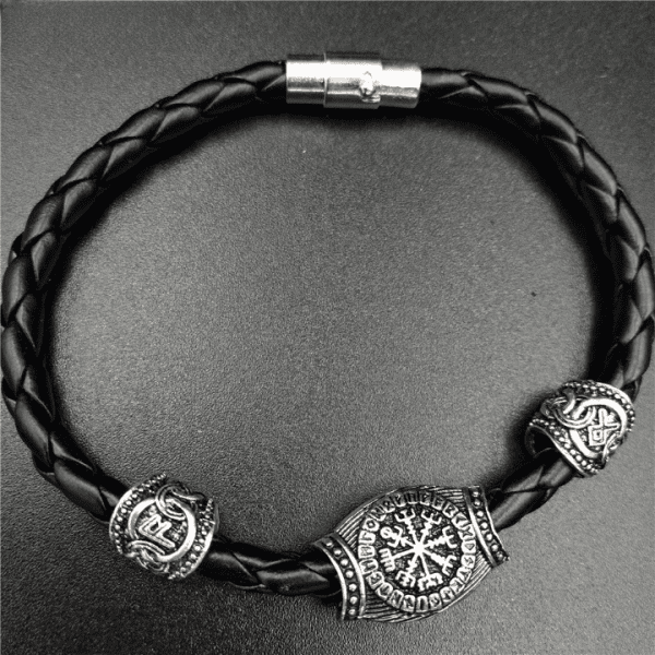 Bracelet viking en cuir noir et perle métal