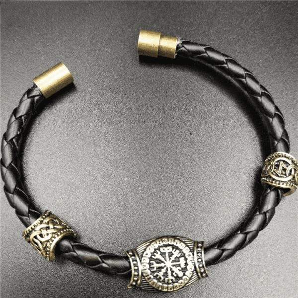 Bracelet viking en cuir noir et perle métal