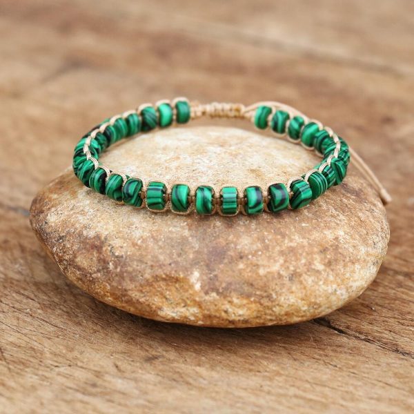 Bracelet malachite tressé à la main perles vertes