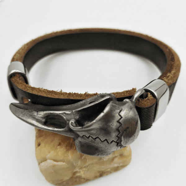 Bracelet viking en cuir marron et crâne oiseau en acier inoxydable