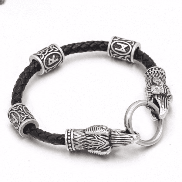 Bracelet viking en cuir noir et fermoir têtes oiseaux anneau