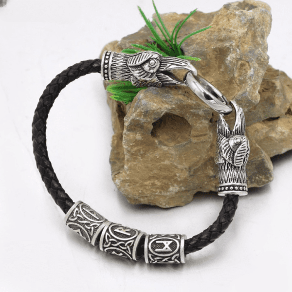 Bracelet viking en cuir et fermoir têtes oiseaux anneau