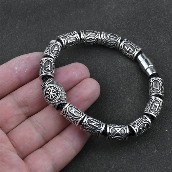 Bracelet viking perles gravées métal argent