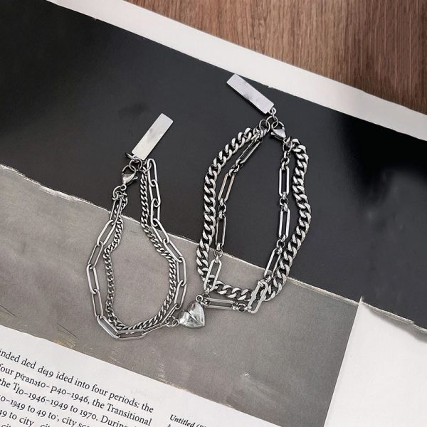 Bracelet de couple magnétique coeur chaînes métal argent