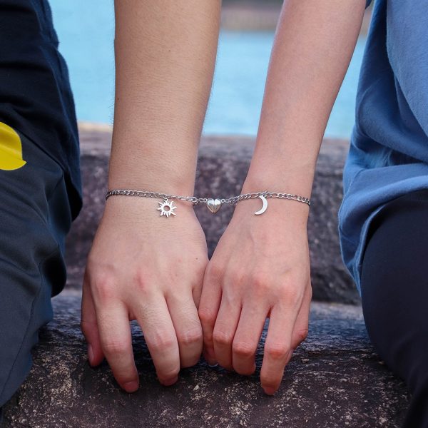 Bracelet de couple chaînes en acier inoxydable soleil et lune