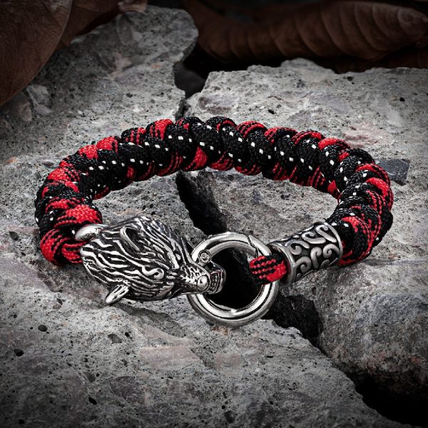 Bracelet viking en corde de survie fermoir tête de loup