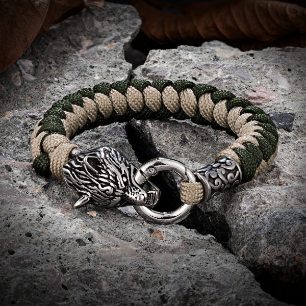 Bracelet viking en corde de survie fermoir tête de loup