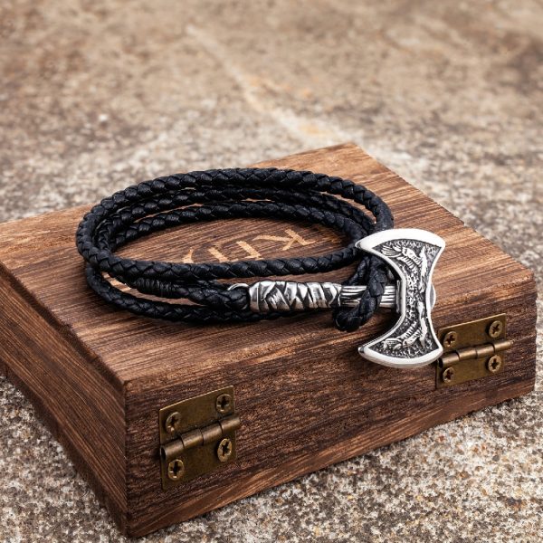 Bracelet viking en cuir et fermoir forme de hache en acier inoxydable