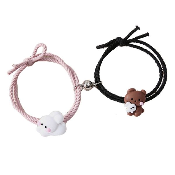 Bracelet d'amitié magnétique rose et noir avec pendentif ours et lapin