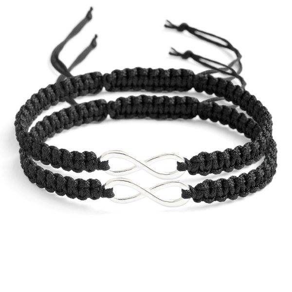 Bracelet amitié corde tressée noire et pendentif "Infini" argent