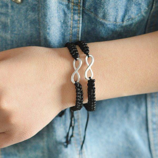 Bracelet amitié corde tressé noir et pendentif "Infini" argent