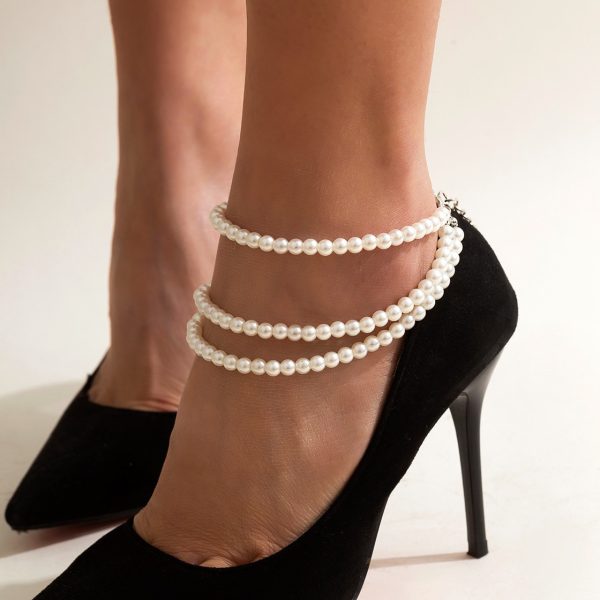 Bracelet cheville en perles blanches pour femme