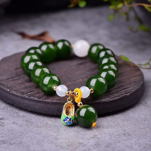 Bracelet malachite perles rondes naturelles vertes et pendentif chaussure