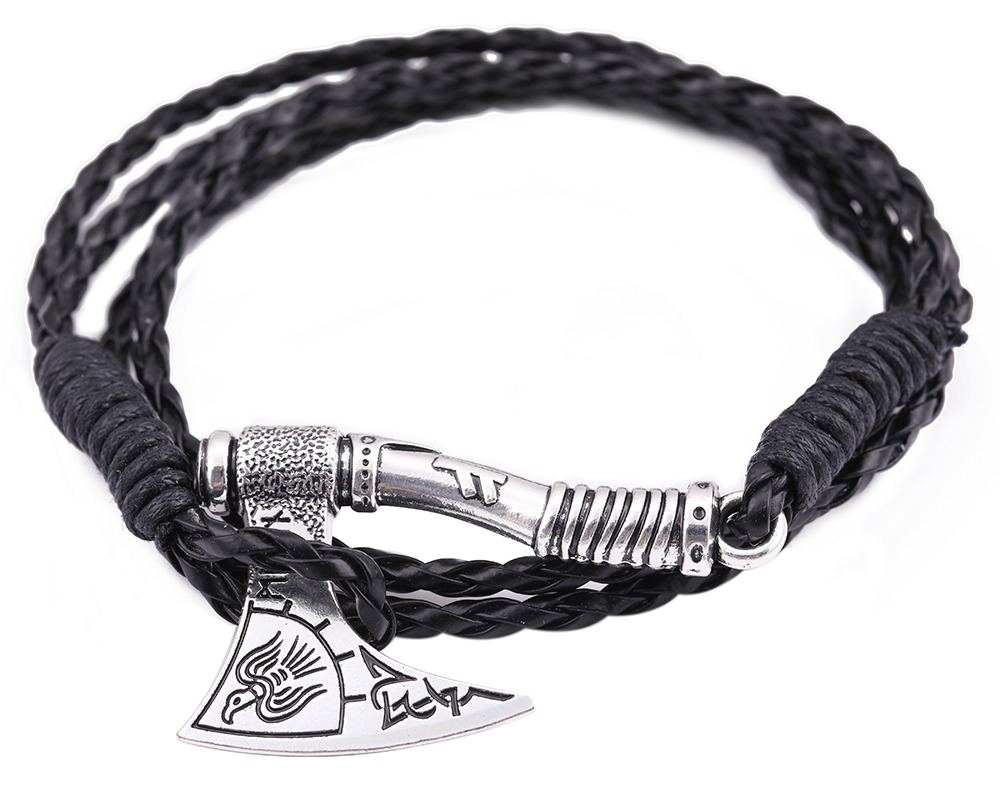 Bracelet viking lacet noir et fermoir hache argentée