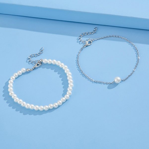 Bracelet de cheville deux pièces perles blanches et chaîne argentée